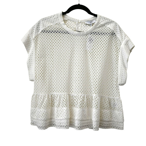 Iro Eyelet Cutout Top Size 34 US 6 Ivory Peplum Hem Short Sleeve Round Neckline - Picture 1 of 7